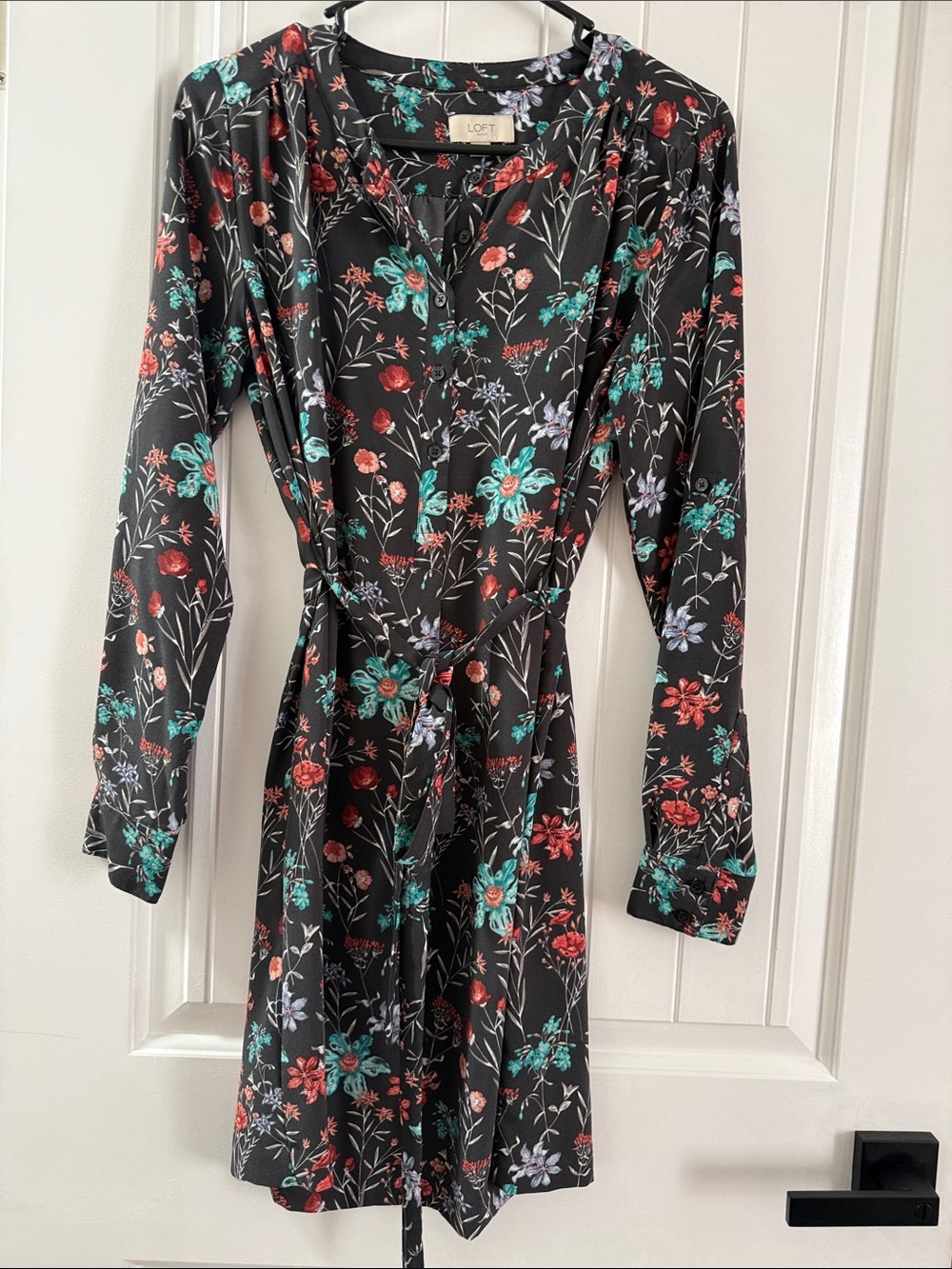 LOFT Black Floral Long-Sleeve Tie-Waist Dress with Teal & Red Accents